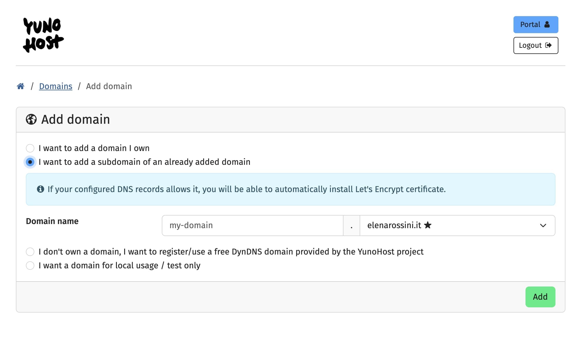 the screenshot of the "Domains" page on your YunoHost server. the mouse is selecting "I want to add a subdomain of an already added domain" with fields to complete