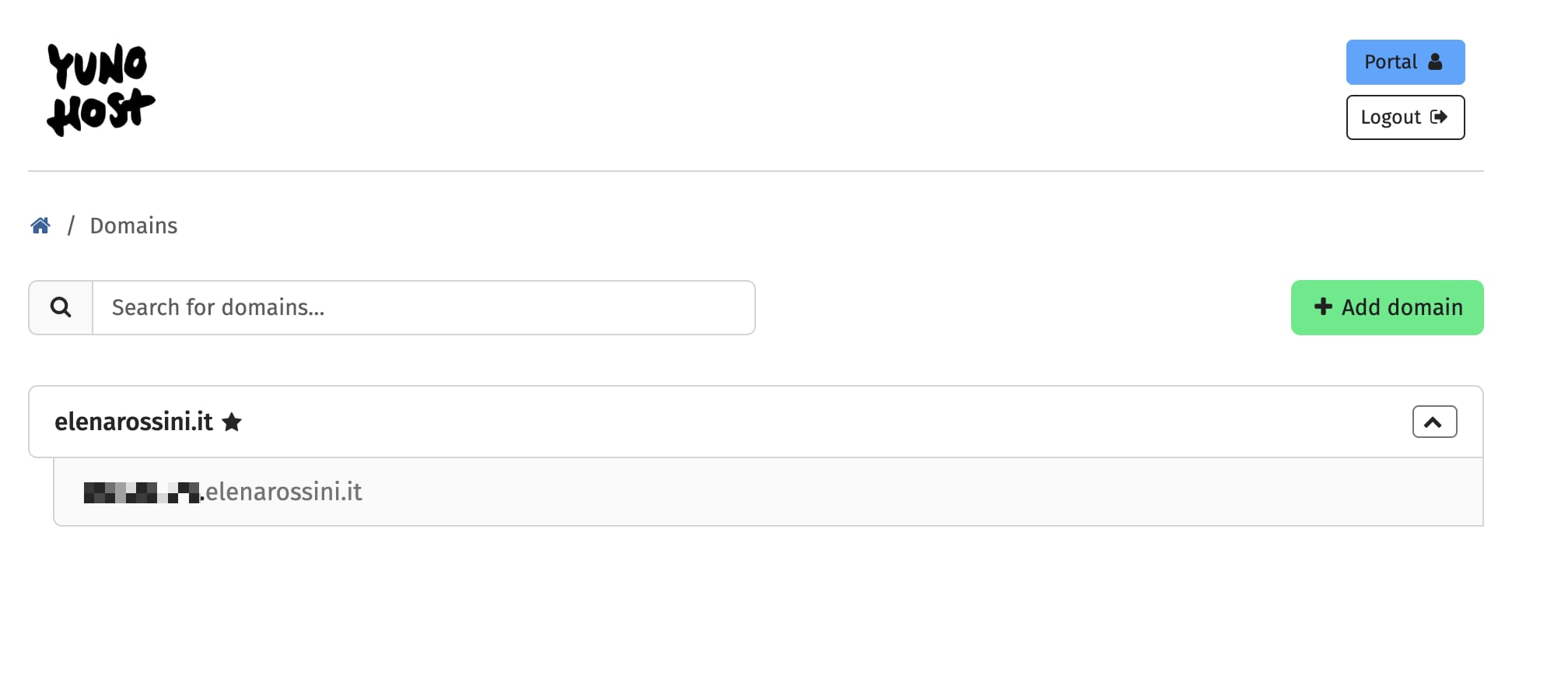 a screenshot of the domains page on my YunoHost server, with a subdomain appearing nested under my main domain