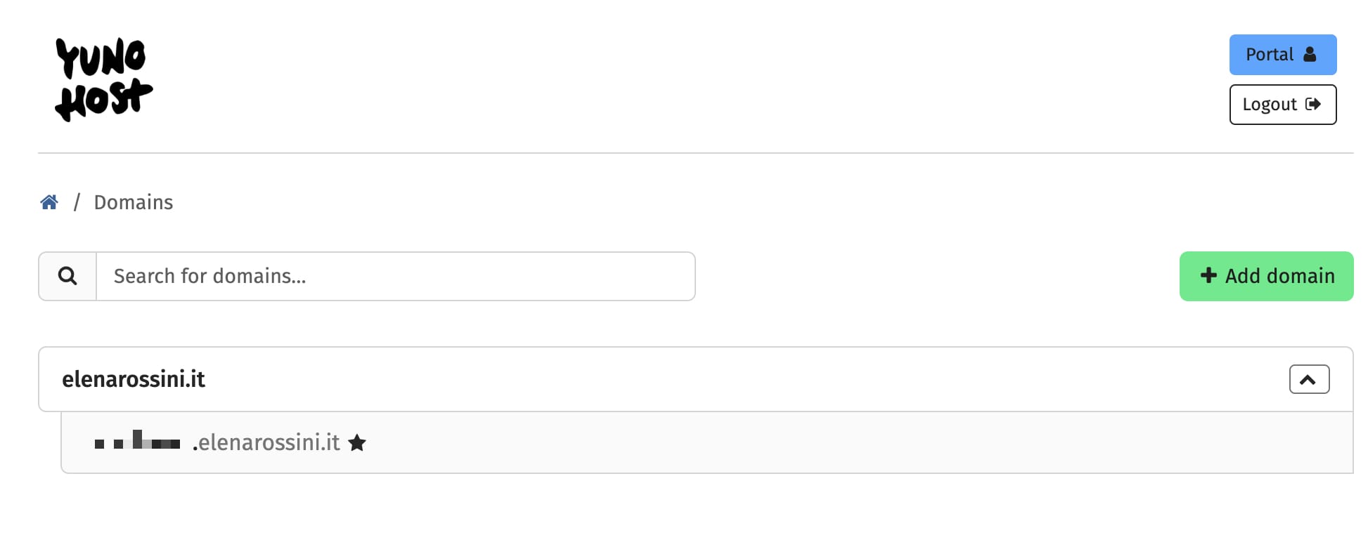 a screenshot of the domains page on my server, with the new subdomain appearing with a star next to it