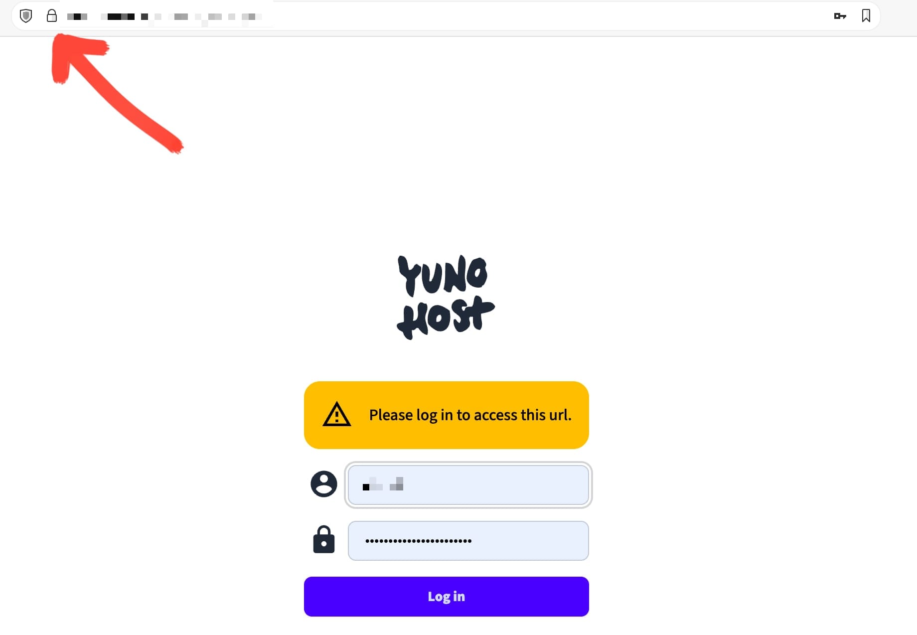 a login screen that says "Please log in to access this URL"; there is a red arrow pointing to the address bar to show a lock next to the URL