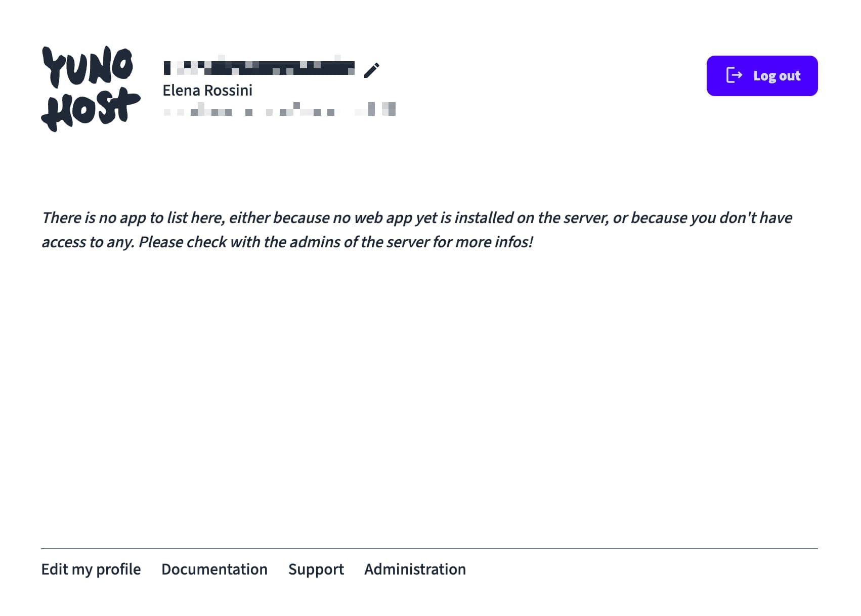 a screenshot of a page that reads "there is no app to list here, either because no web app yet is installed on the server, or because you don't have access to any. Please check with the admins of the server for more info"