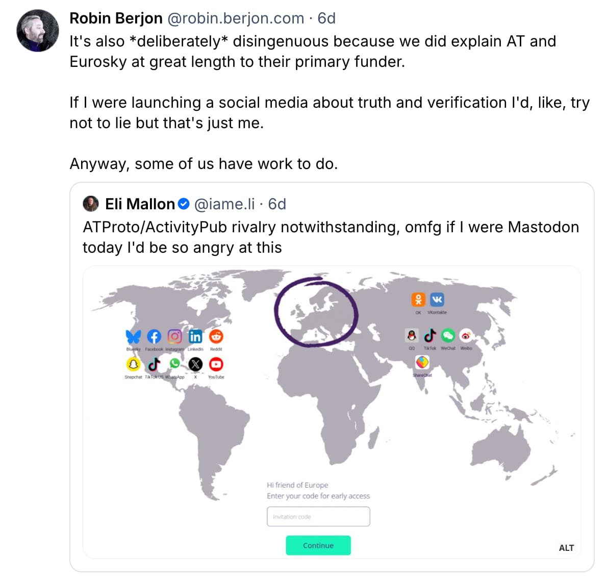 a screenshot of a Bluesky post by Robin Berjon in response to the map on W Social's homepage. Berjon's message reads: "It's also *deliberately* disingenuous because we did explain AT and Eurosky at great length to their primary funder.  If I were launching a social media about truth and verification I'd, like, try not to lie but that's just me. Anyway, some of us have work to do."