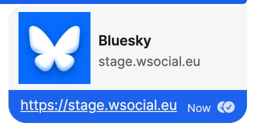 a screenshot showing the link to stage.wsocial.eu that I shared in a message on Signal. a preview card appears with the Bluesky logo