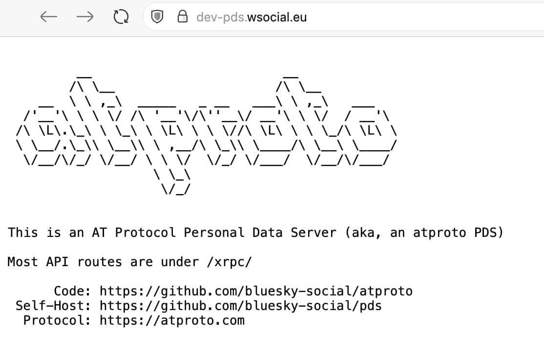 a screenshot showing a browser window visiting the address dev-pds.wsocial.eu and showing the atproto logo and the message "This is an AT Protocol Personal Data Server with links to the code on GitHub