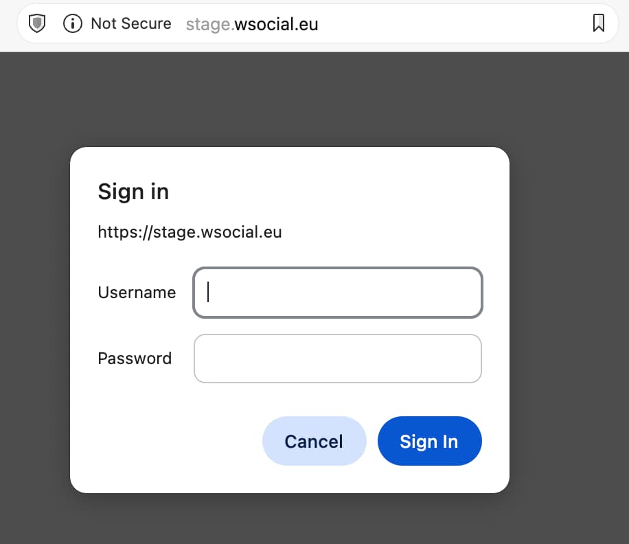 a screenshot showing the new stage.wsocial.eu webpage, with a simple login window that asks for a username and password