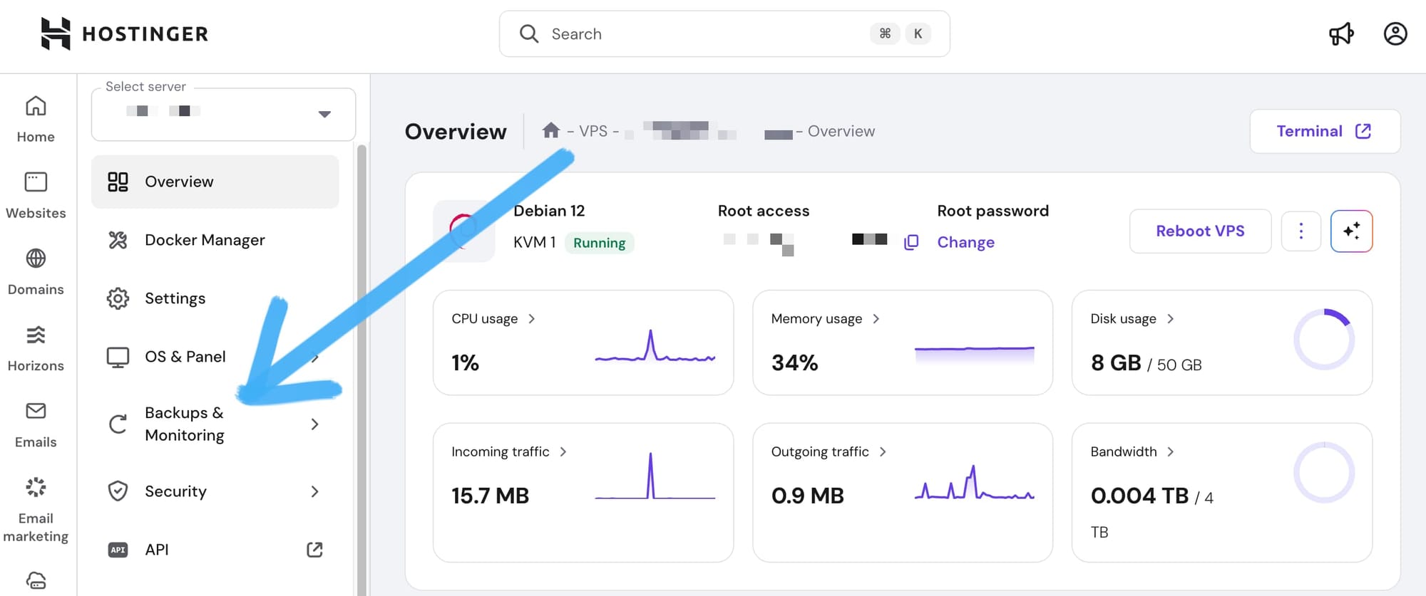 a screenshot of Hostinger's VPS dashboard. There is a light blue, hand-drawn arrow pointing to "backups & monitoring" in the left side menu