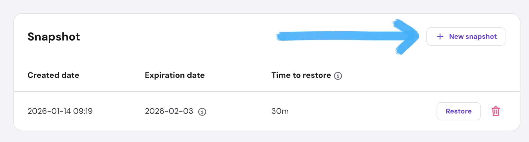a screenshot of the Snapshot section on my VPS with a hand-drawn arrow that points to a button that says "new snapshot"