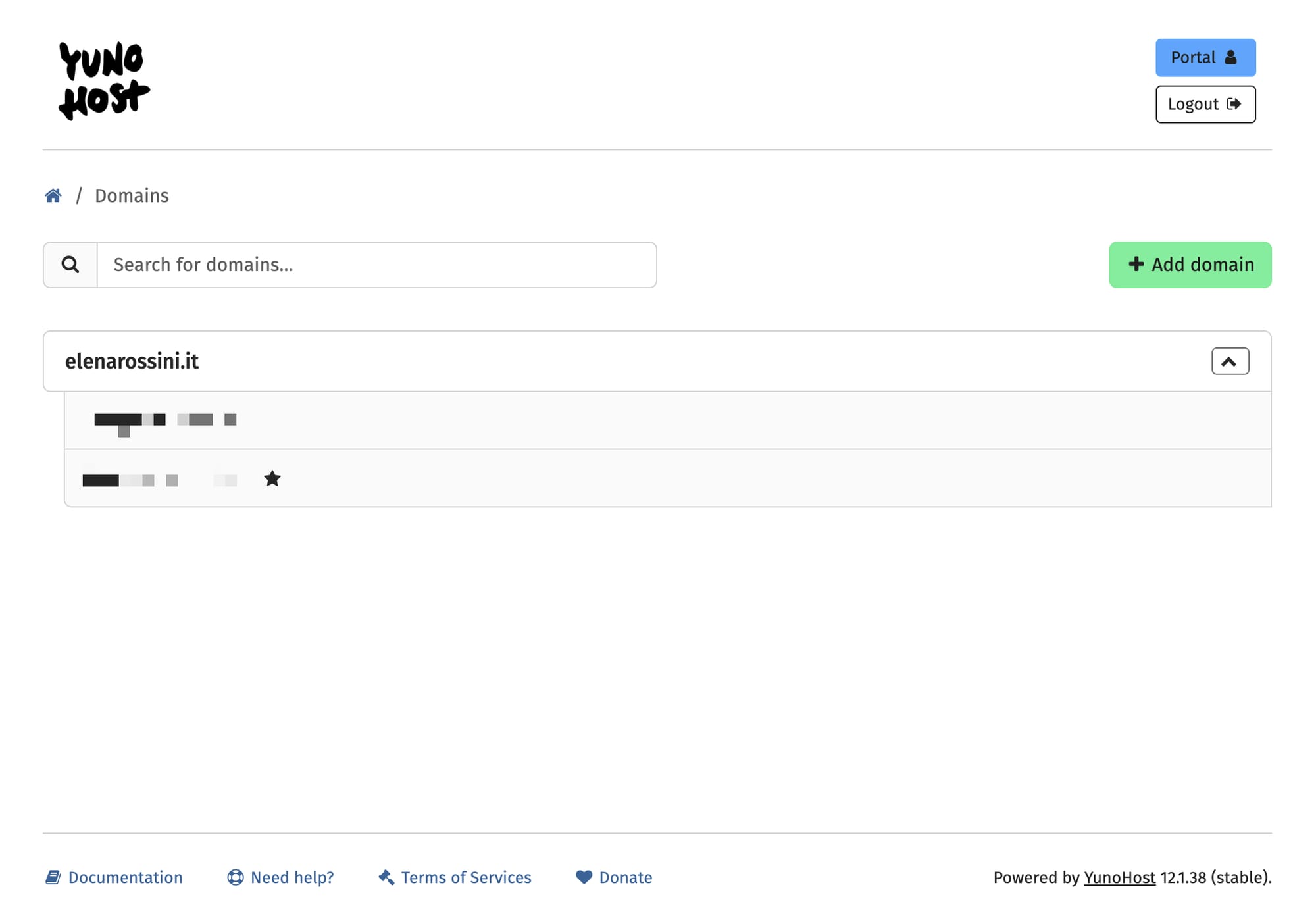 a screenshot of the Domains page on my YunoHost server. "elenarossini.it" is at the top and a couple of subdomains under it are pixelated for privacy and security reasons