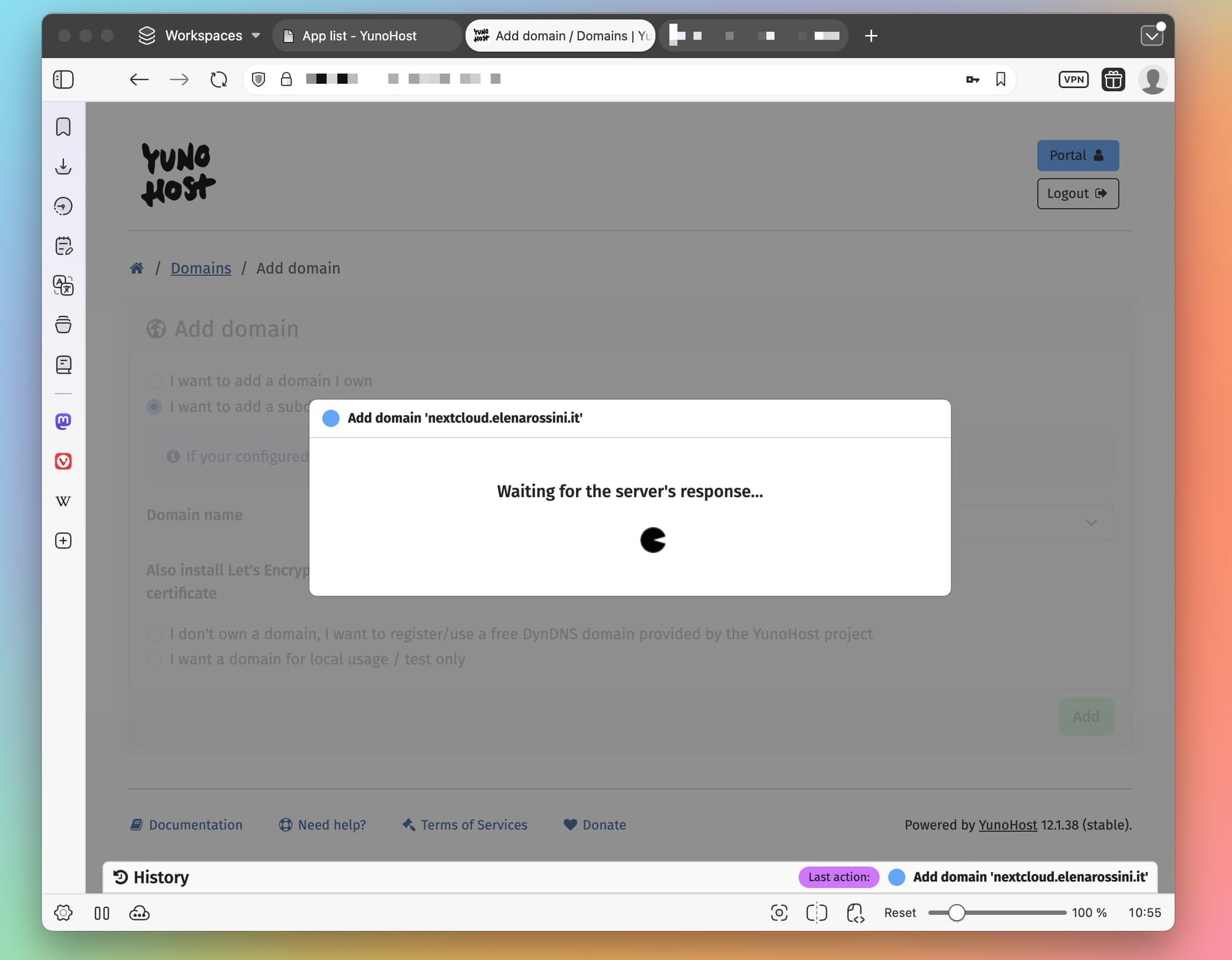 a screenshot of my desktop showing a browser window with YunoHost and the page "Add Domain" greyed out and on top a white box with the message "Add domain" and "Waiting for the server's response"
