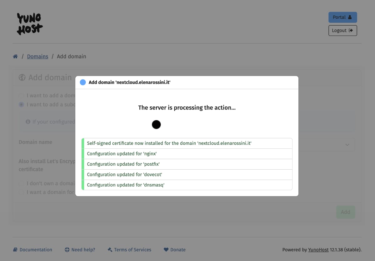 a screenshot showing the action box with a message "the server is processing the action..." and a list of things it's doing in the background, like configuration updated for dnsmasq