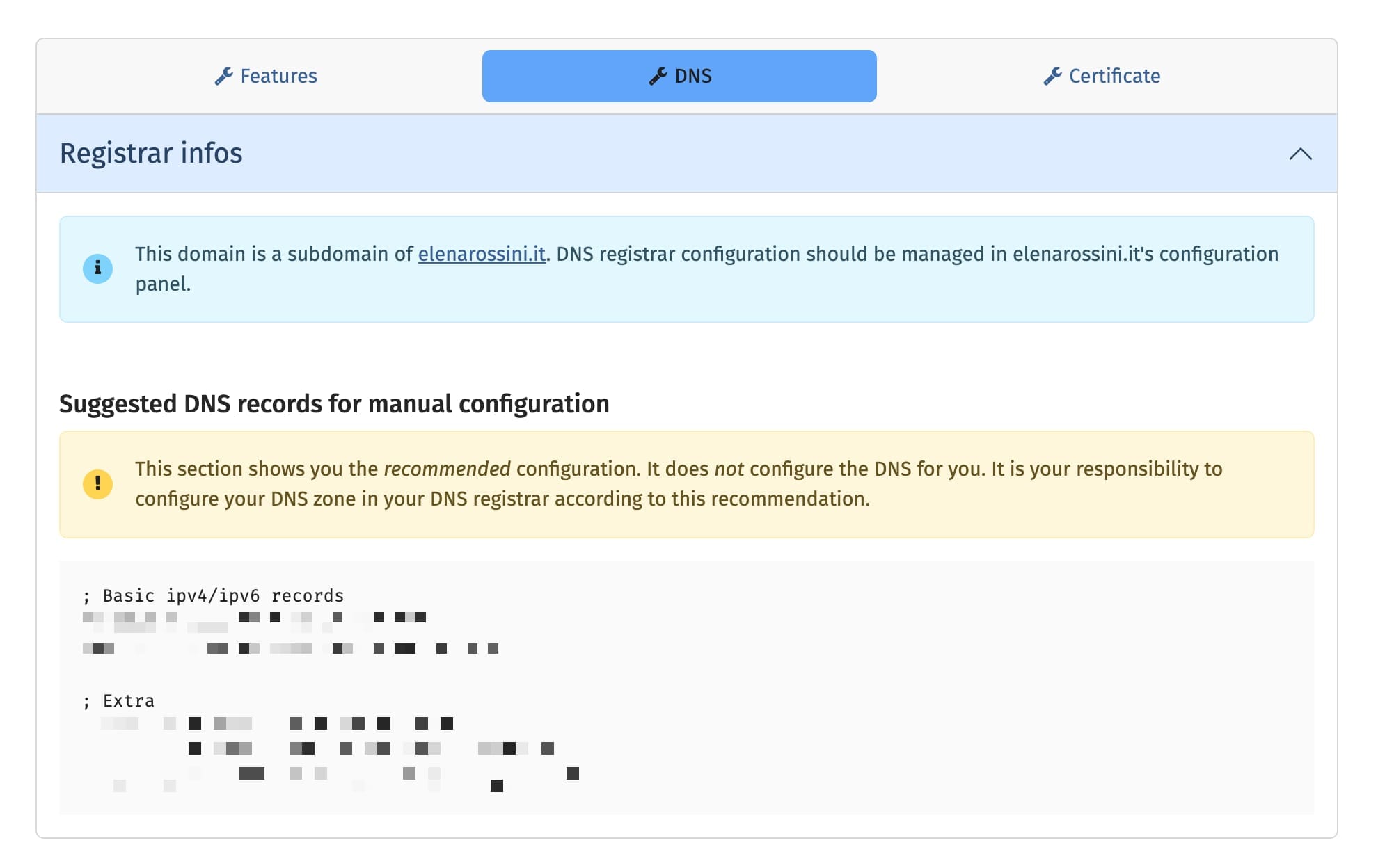 a screnshot showing the recommended configuration for DNS settings for the subdomain
