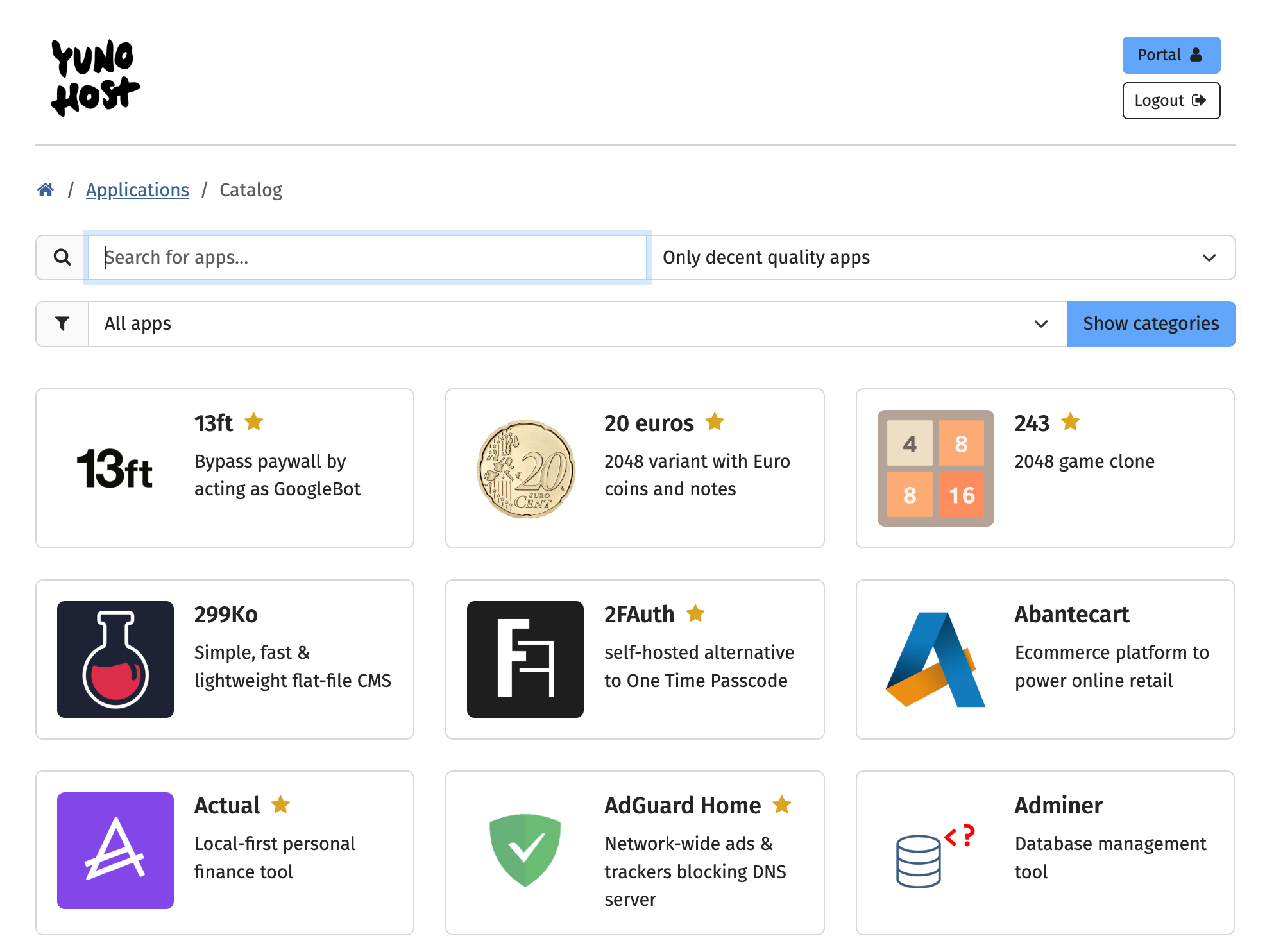 a screenshot showing YunoHost's app catalogue with a logo, title and description for each app. They are sorted in alphabetical order and over 200 hundred. In this screen you see apps like 13ft, 20 euros, 243... AdGuard Home and others