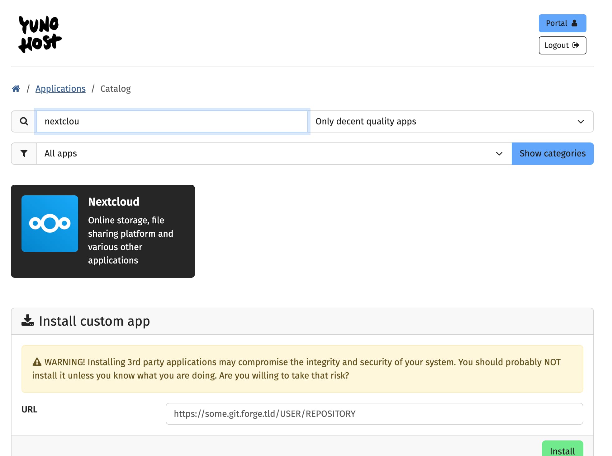 a screenshot showing YunoHost's app catalog and the search for NextCloud... There is a tile with a dark grey background and the word NextCloud, its app logo and the description: "Online storage, file sharing platform and various other applications"