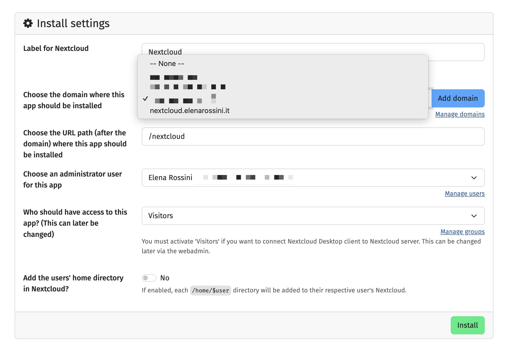 a screenshot showing the settings page for NextCloud with personalization options before clicking install, like choosing a domain where to install the app, choosing a directory, choosing an admin, who should have access to this app (Visitors vs. Admin or users) and the option to add the users' home directory in NextCloud
