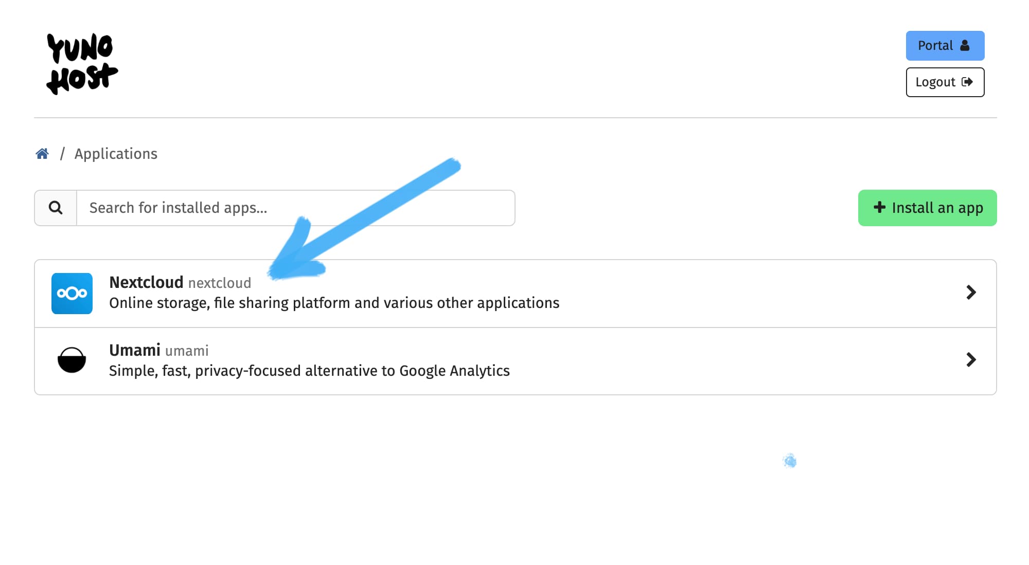 a screenshot showing the Applications page of my YunoHost, which is now listing NextCloud and Umami (I'd installed it before). A light blue handdrawn arrow points to Nextcloud