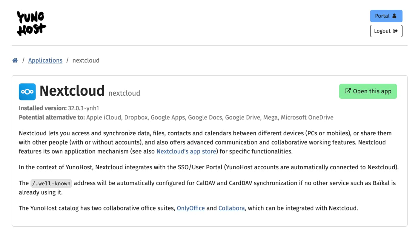 a screenshot of the settings page for NextCloud, with a description of what it does (potential alternative to iCloud, Dropbox, Google Apps, Google Drive, Microsoft One Drive...)