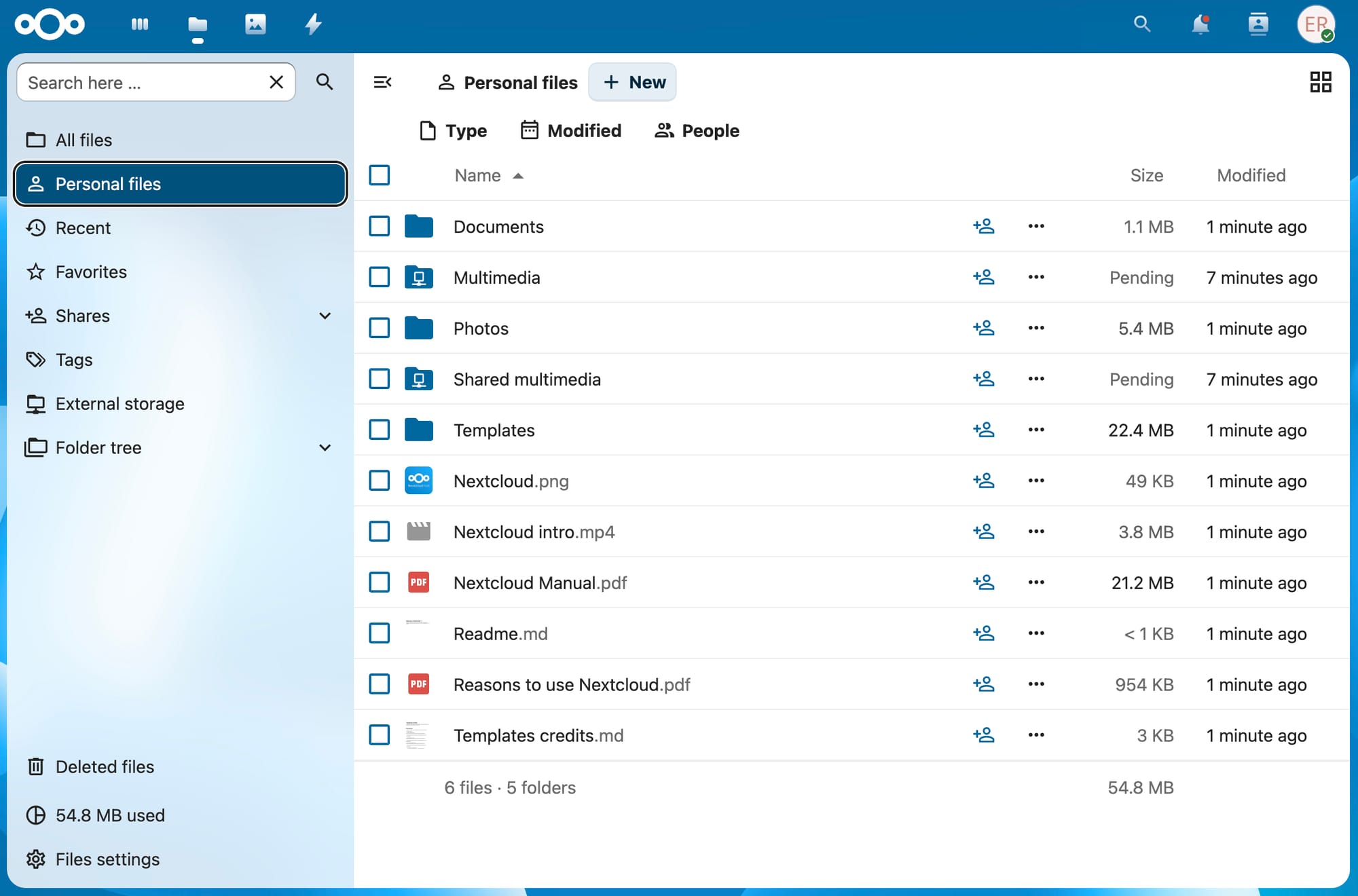 a screenshot of the dashboard in my self-hosted NextCloud. On the left there is a menu item "Favorites, shares, tags" and on the right a list of files with an icon corresponding to the file type, a share button, the file size and the upload date
