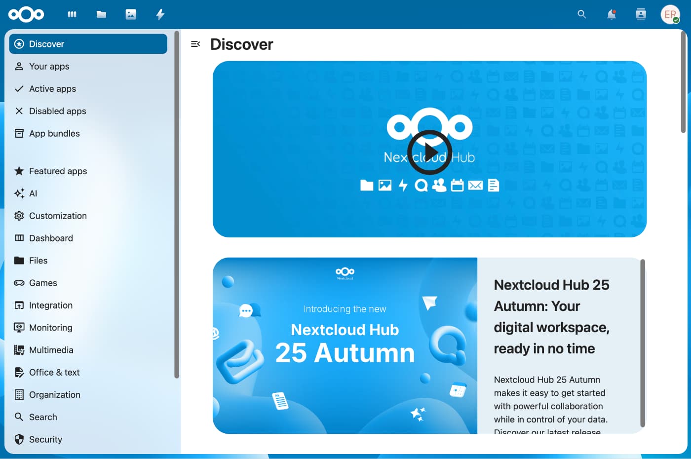 a screenshot of the Discover page in the apps section of NextCloud. On the left side, in the menu, you can see apps sorted by type like: files, games, integration, monitoring, multimedia, office & text, organization, search and security