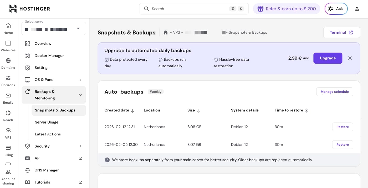 a screenshot showing the Hostinger dashboard on the page "Snapshots & Backups" there is a list of "auto-backups" with a label that reads "Weekly" and below it there are two backups taken at a week's interval. There is the create date, Location, Size (8GB), System details (Debian 12) and Time to Restore (30m) listed for them. Next to each one there is a button that reads "Restore". Below the backups there is a line of text that reads "We store backups separately from your main server for better security. Older backups are replaced automatically"