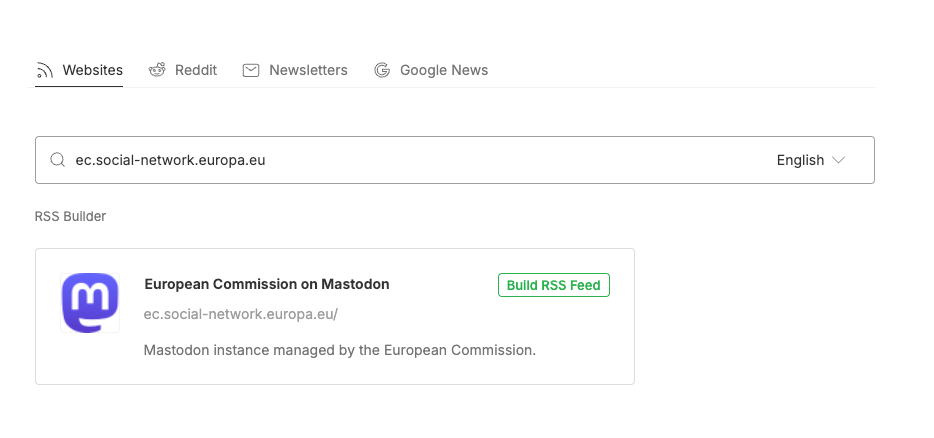 a screenshot from RSS reader Feedly showing how the European Commission's instance URL can turn into an RSS feed of their posts