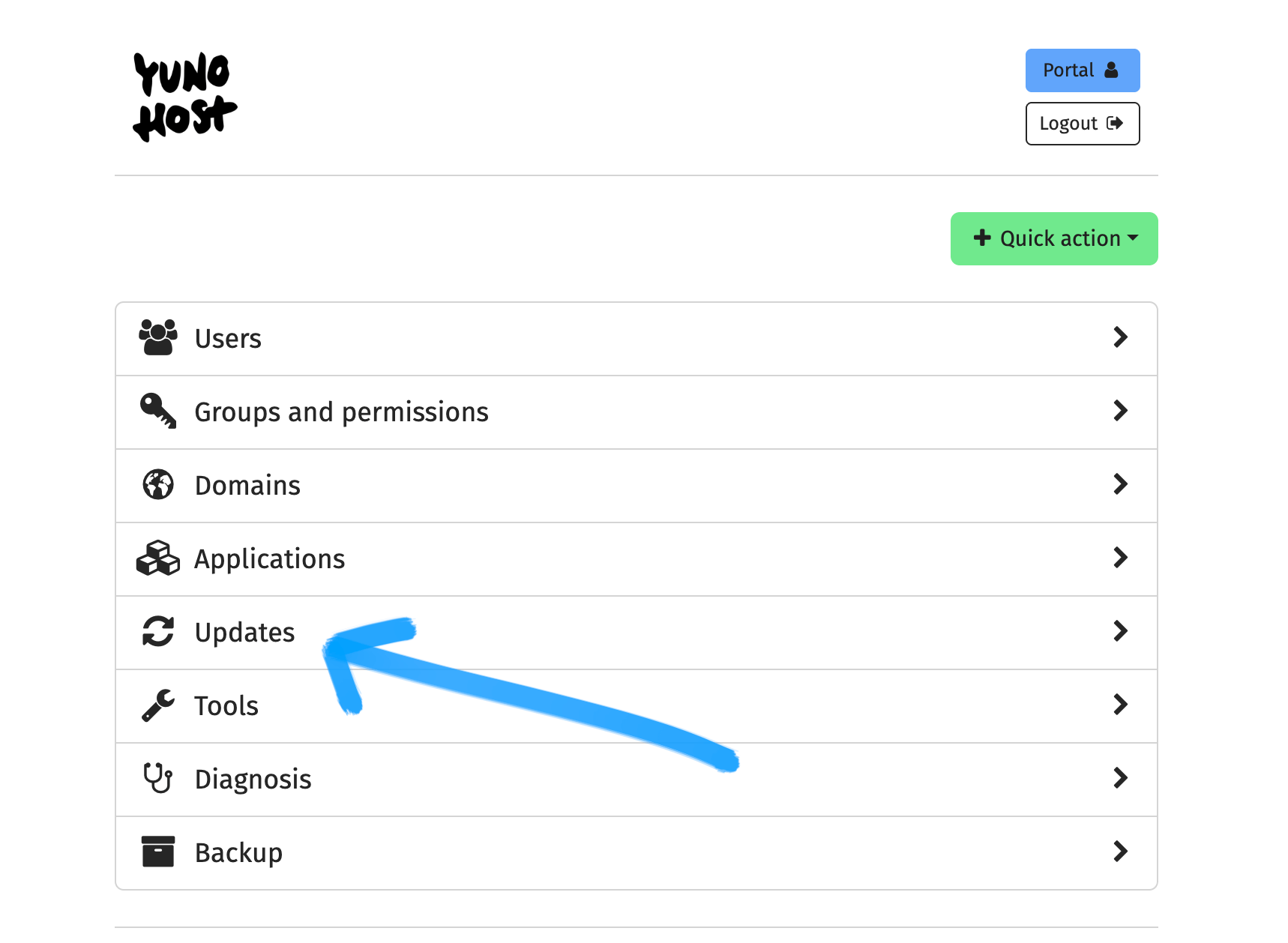 a screenshot showing the YunoHost dashboard, with a light blue arrow pointing to Updates 