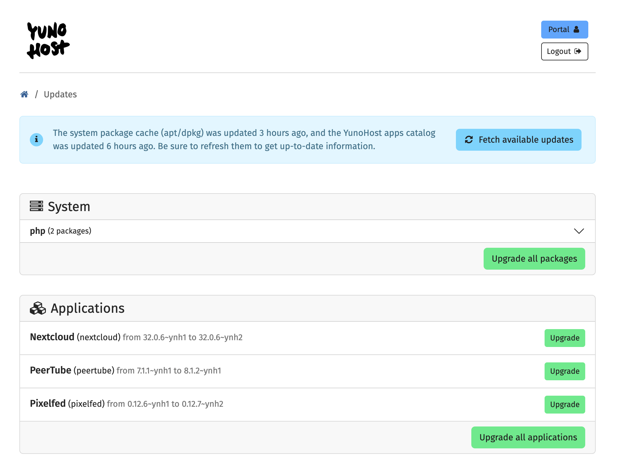 a screenshot showing the updates available for my server: System (2 php packages) and Applications: NextCloud, PeerTube and Pixelfed
