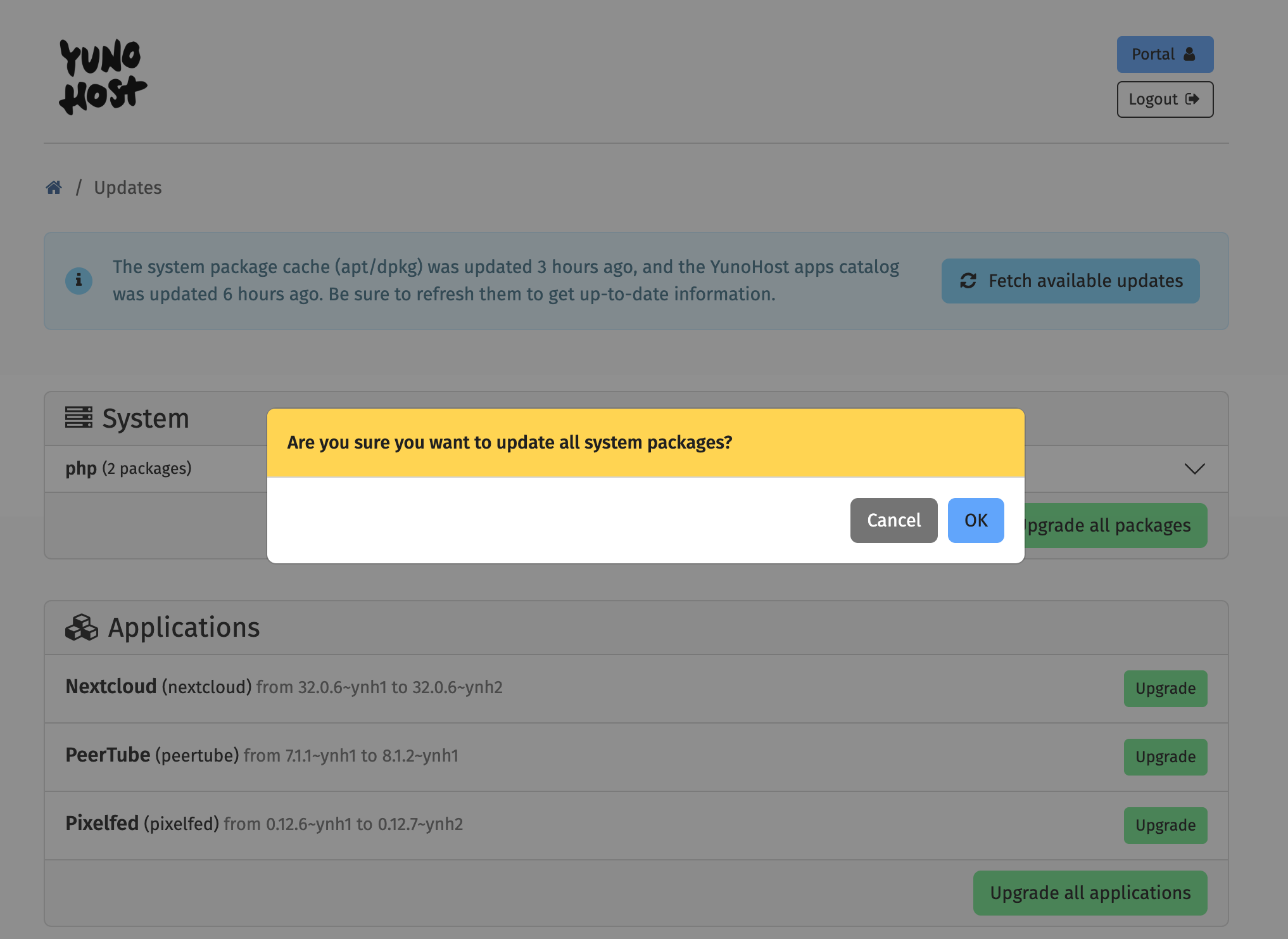 a screenshot showing the prompt "Are you sure you want to update all the system packages" with the buttons Cancel and OK