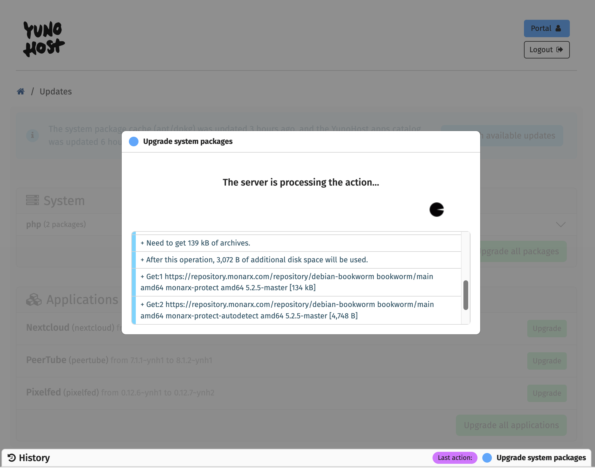 a screenshot of a floating window with the title: "The server is processing the action" and a list of tasks being run