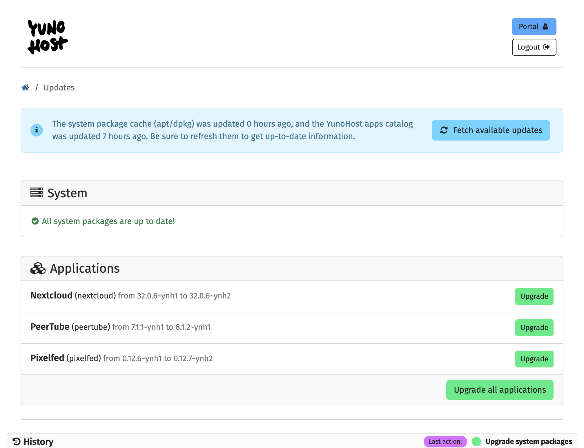 a screenshot of the YunoHost Updates page with a green message under system that reads "All system packages are up to date!"