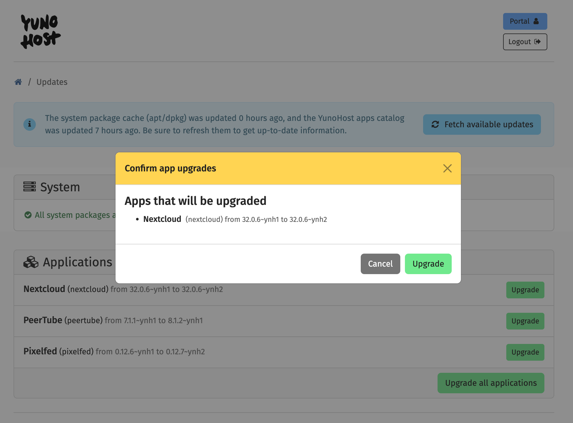 the screenshot of a floating window over the Updates page with the title "Confirm app upgrades" and under it: Apps that will be upgraded NextCloud (from 32.0.6-ynh1 to 32.0.6-yhn2) 