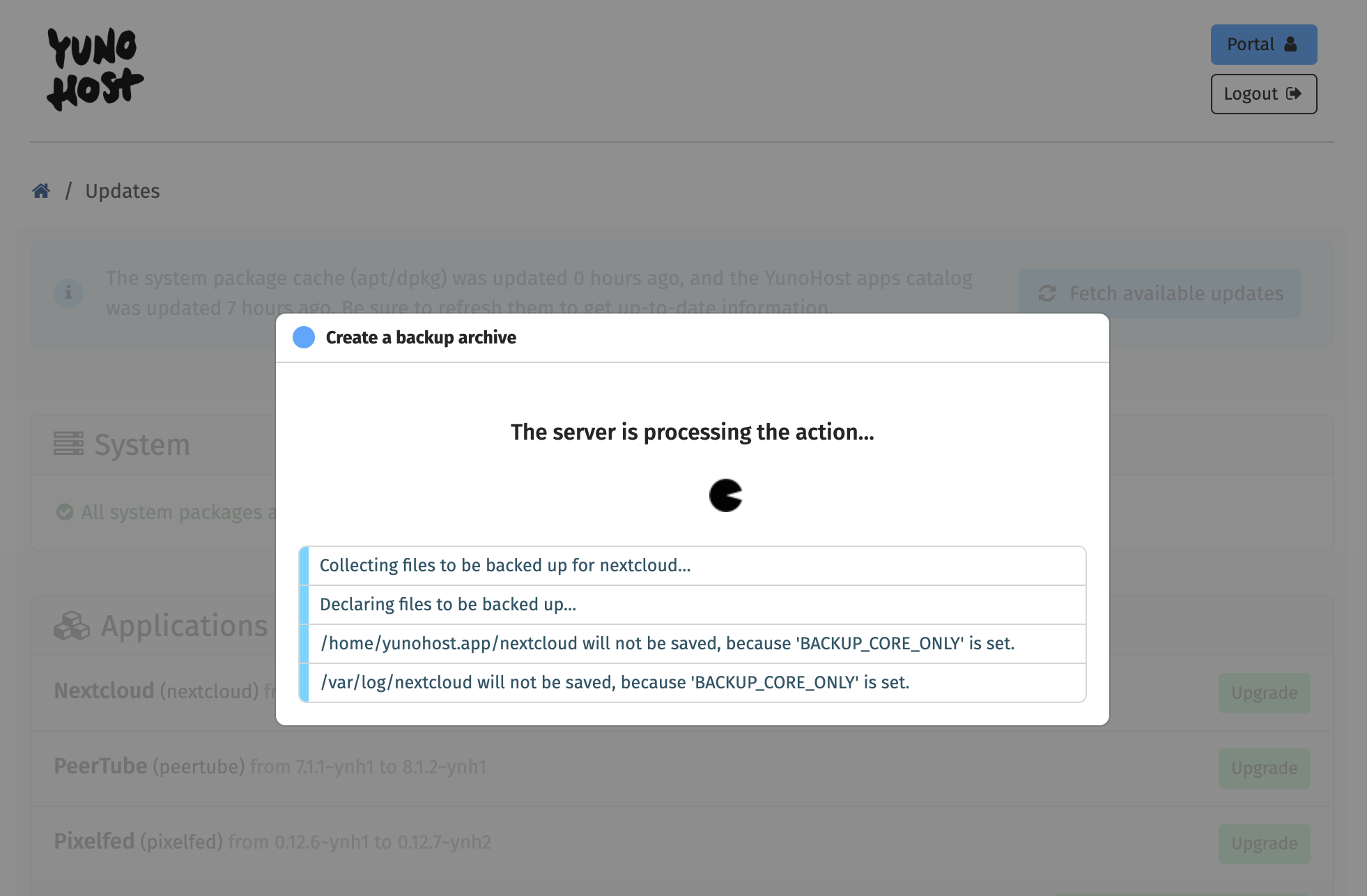 a screenshot showing the upgrade process under way, with the title "The server is processing the action" and a list of actions being run