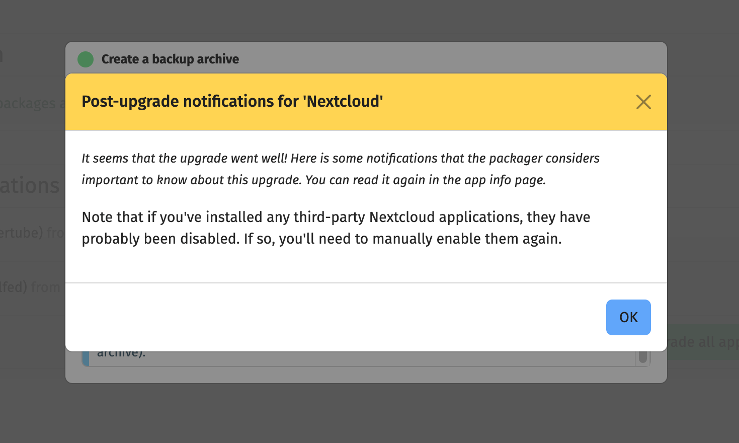a confirmation screen with "Post-upgrade notifications for NextCloud" with the message "It seems that the upgrade went well"