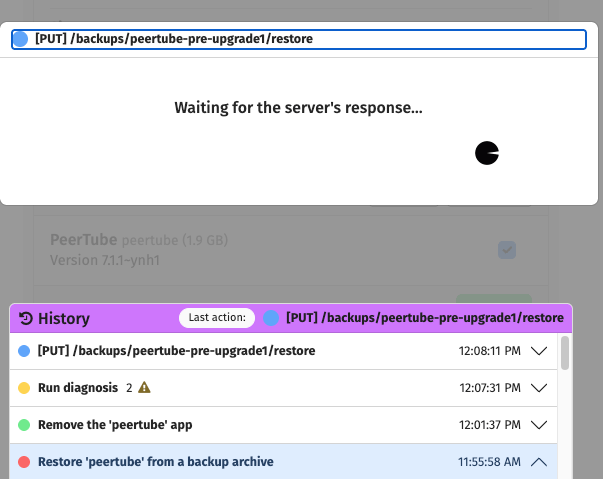 a screenshot showing the recent actions run by my YunoHost server. This one: attempting to restore from the YunoHost PeerTube pre-upgrade backup