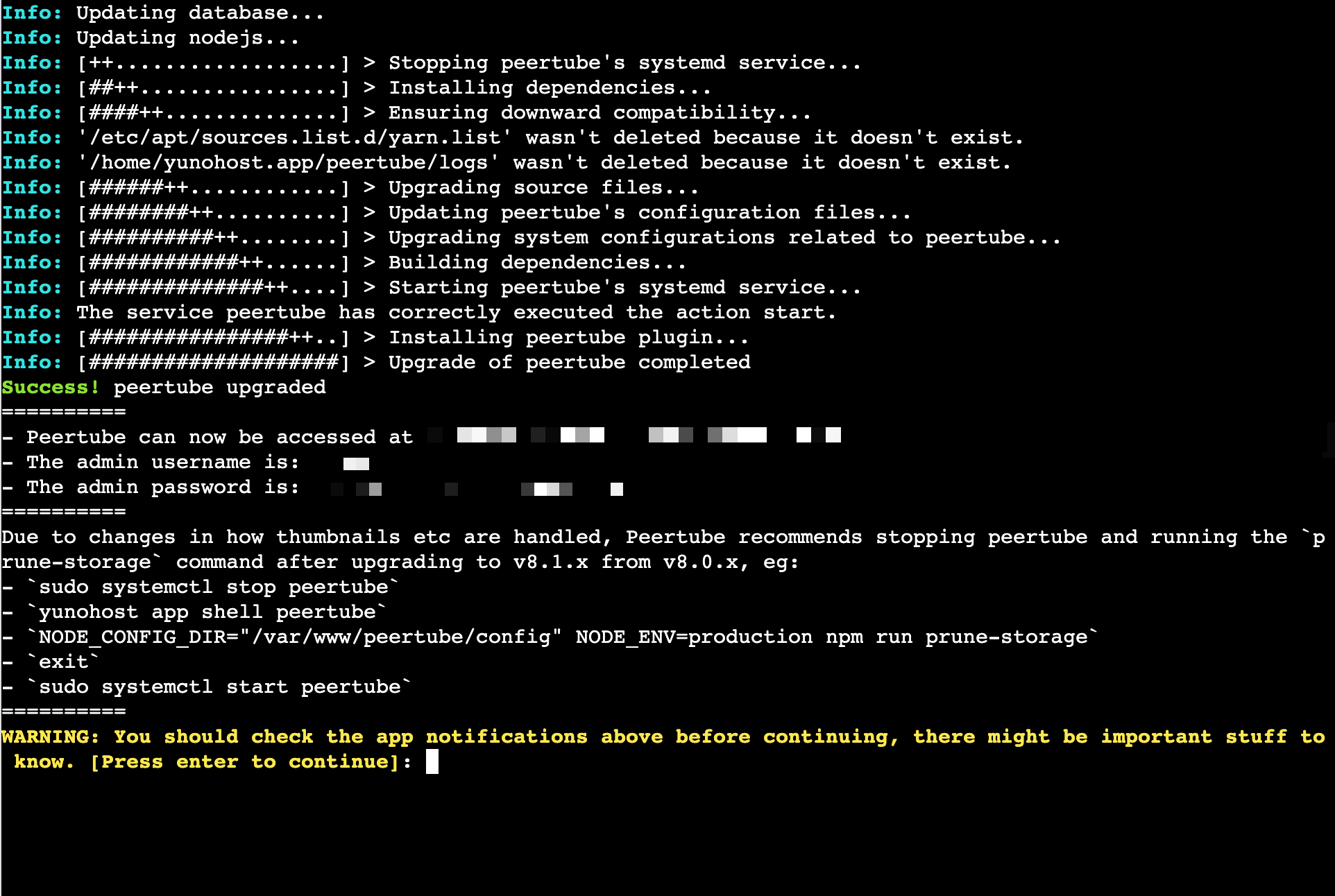 a screenshot showing the PeerTube installation in Terminal with various actions being executed and a message in green: Success! peertube upgraded