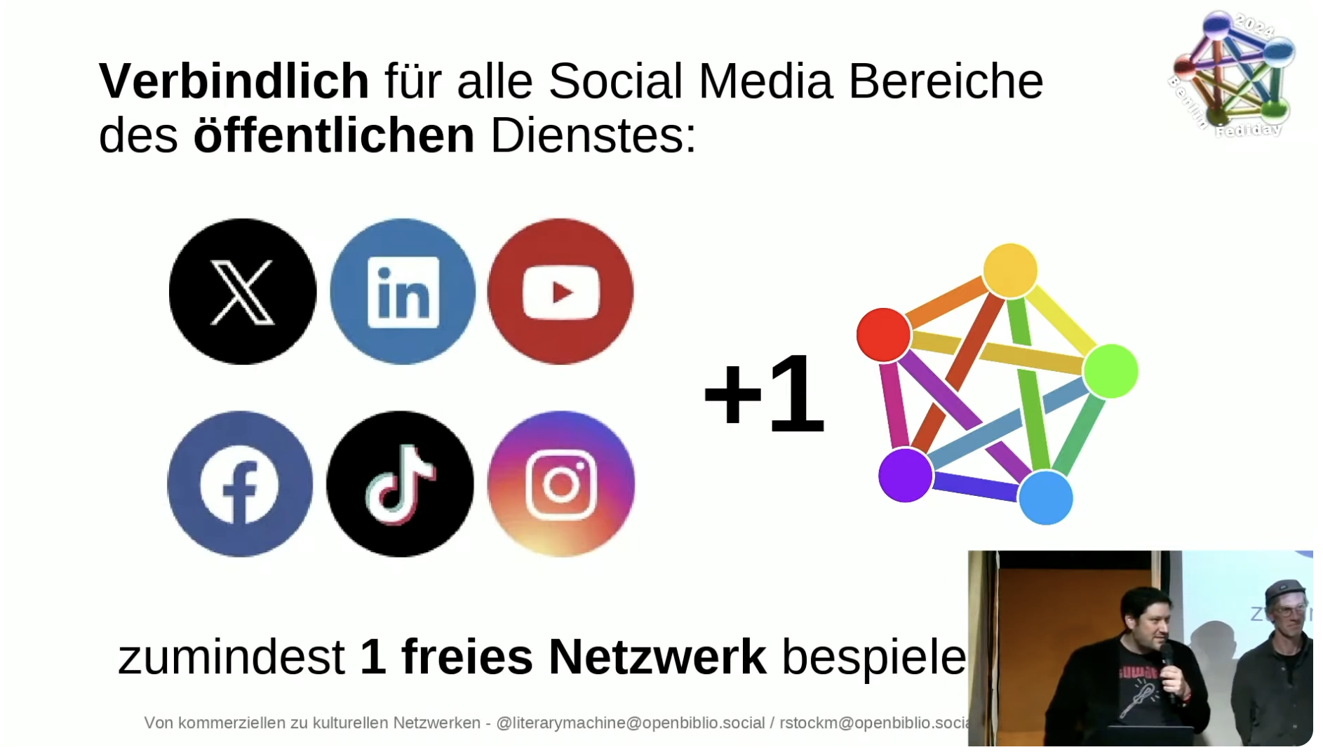 a still image from Ralf Stockmann's presentation of his "Plus 1" communication strategy showing logos of Big Tech platforms and a +1 next to the symbol for the Fediverse