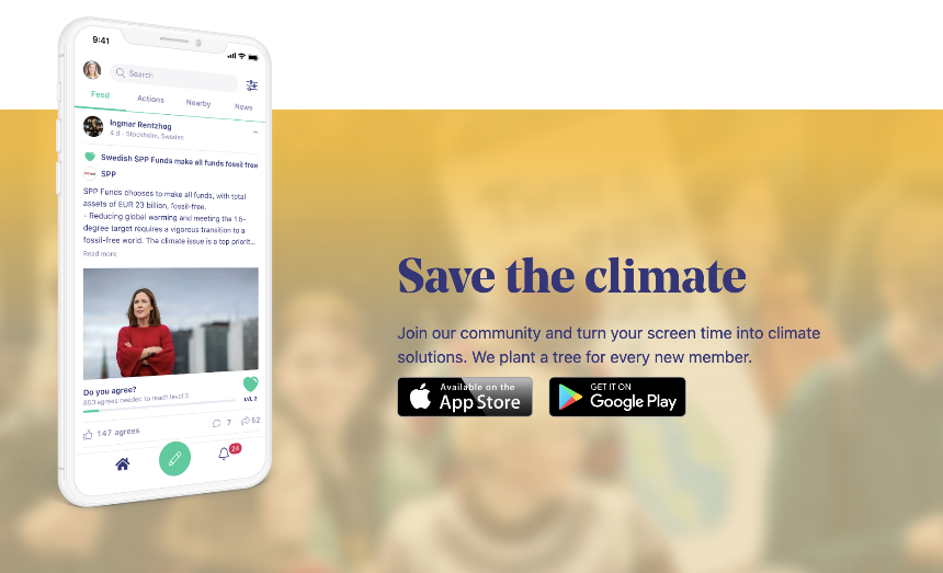 a screenshot of We Don't Have Time's website showing a section promoting their social media app, available on Apple's App Store and Google Play Store. A mobile phone mockup shows the app and on the right there is the tagline "Save the Climate"