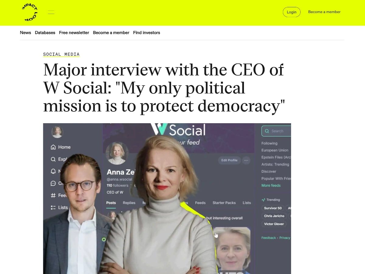 a screenshot of the interview page on Impact Loop with the title: "Major interview with the CEO of W Social: My Only Political Mission is to Protect Democracy" with a photo of Ingmar Rentzhog, Anna Zeiter and Ursula Von der Leyen in the background