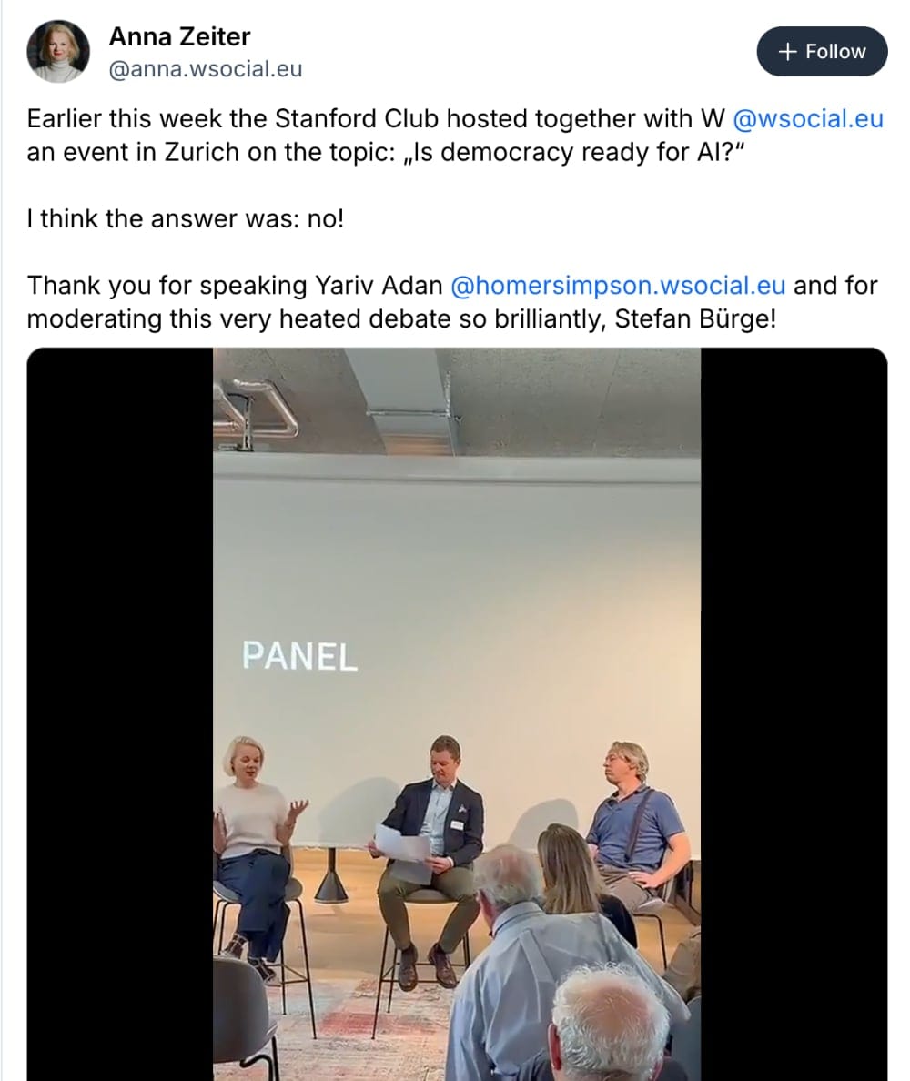 the screenshot of a post on W Social by Anna Zeiter where she mentions Yariv Adan who picked the username @homersimpson.wsocial.eu for his profile