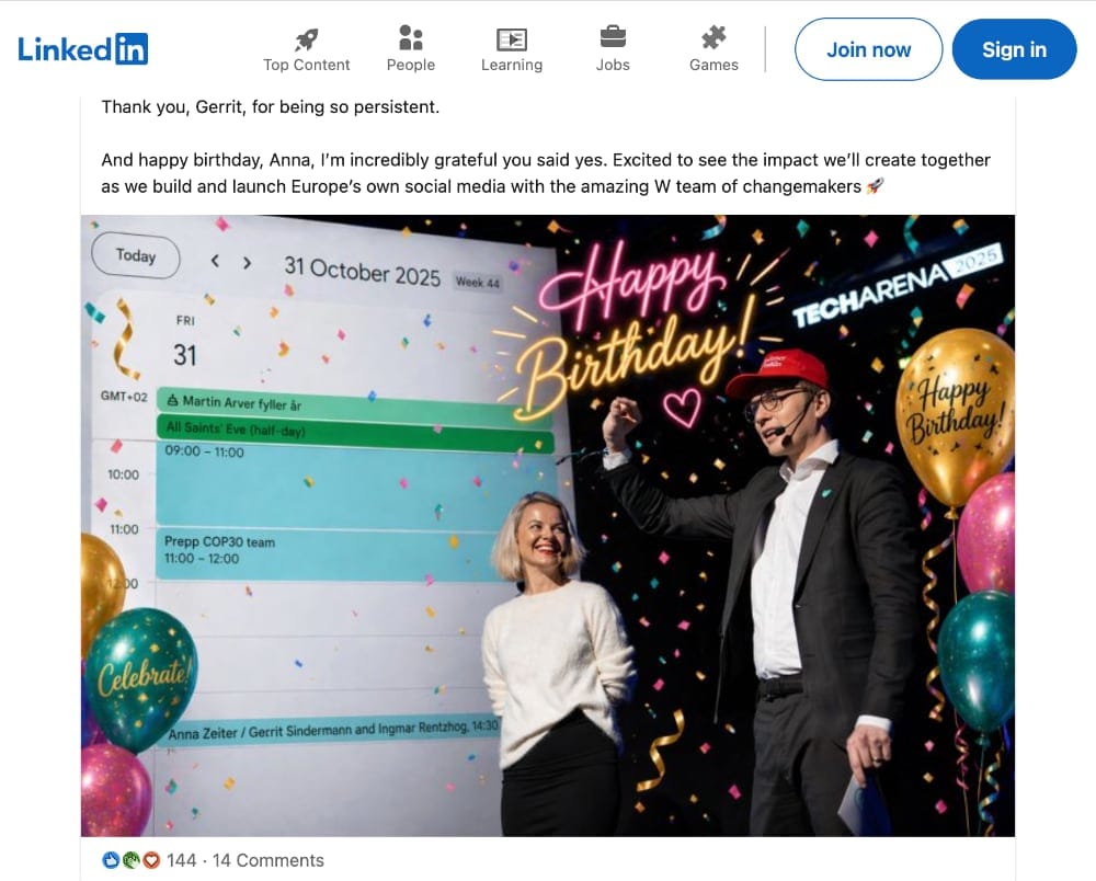 a screenshot of the LinkedIn post where Ingmar Rentzhog wishes Anna Zeiter a happy birthday - a screenshot of his Google calendar entry for October 31 2025 is included, showing their first Zoom meeting