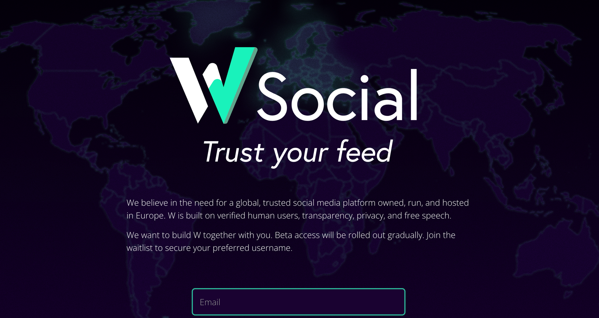 the landing page of W social on May 7, 2026. It has a large W social logo, the tagline "trust your feed" and some text below over a dark blue background faintly showing a world map