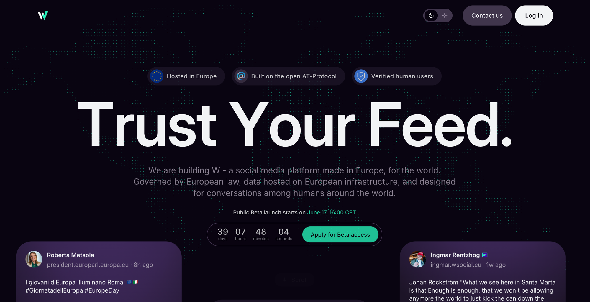 a screenshot of the new landing page, very sleek with "trust your feed" in big bold letters and above it the three labels
