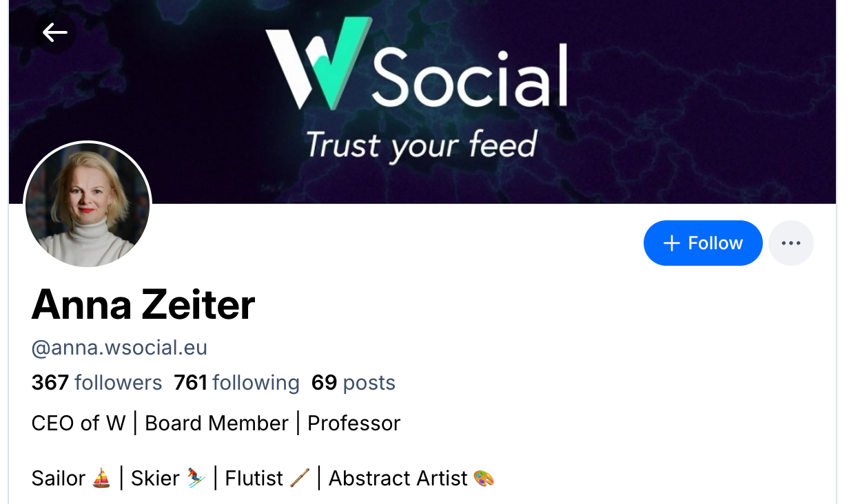 a screenshot showing Anna Zeiter's profile photo on Bluesky: a middle-aged white blonde woman wearing a white turtleneck. Her username is @anna.wsocial.eu. She has 367 followers and describes herself as CEO of W, Board Member, Professor, Sailor, Skier, Flutist and Abstract Artist