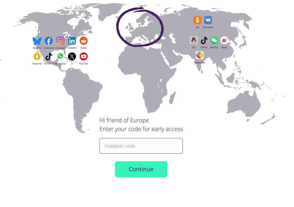 a world map, with icons of American tech platforms (Bluesky, Facebook, Instagram, LinkedIn, Reddit, Snapchat, TikTok US, Whatsapp, X and YouTube) superimposed over the map of the United States; then over Russia you can see the logos of OK and Vkontakte, over China there is QQ, TikTok, WeChat and Weibo, and over India there is ShareChat. A circle is drawn around Europe... but there are no icons inside.