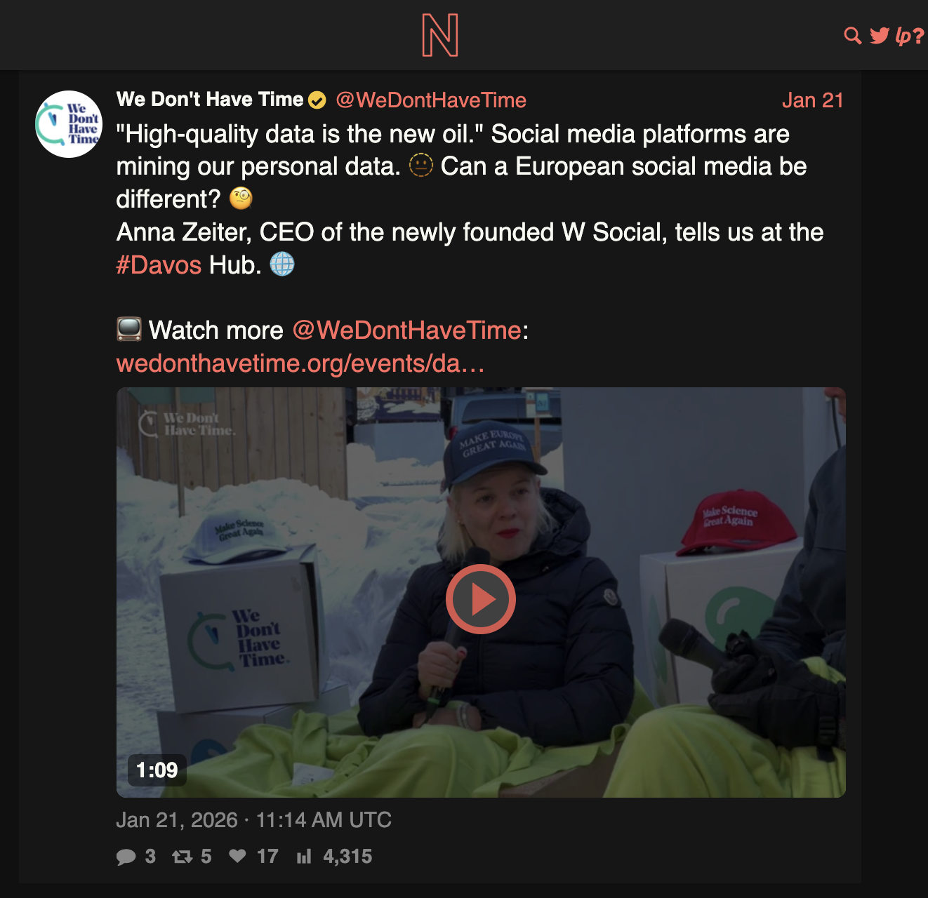 a screenshot of a post on X (shown on Nitter) about Zeiter's interview
