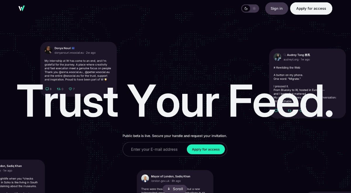 a screenshot of W Social's homepage with the big title: "Trust Your Feed" and floating posts under it