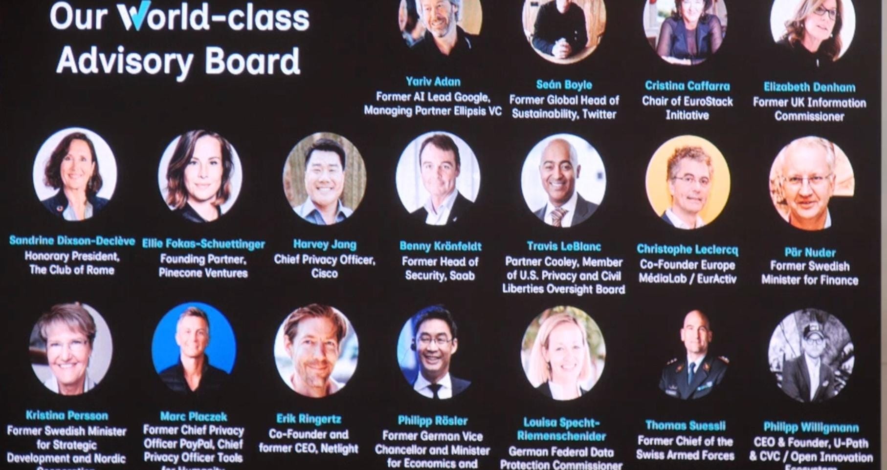 a screenshot of a conference slide showing W Social's advisory board with high profile people from the world of Big Tech companies as well as former and current European politicians