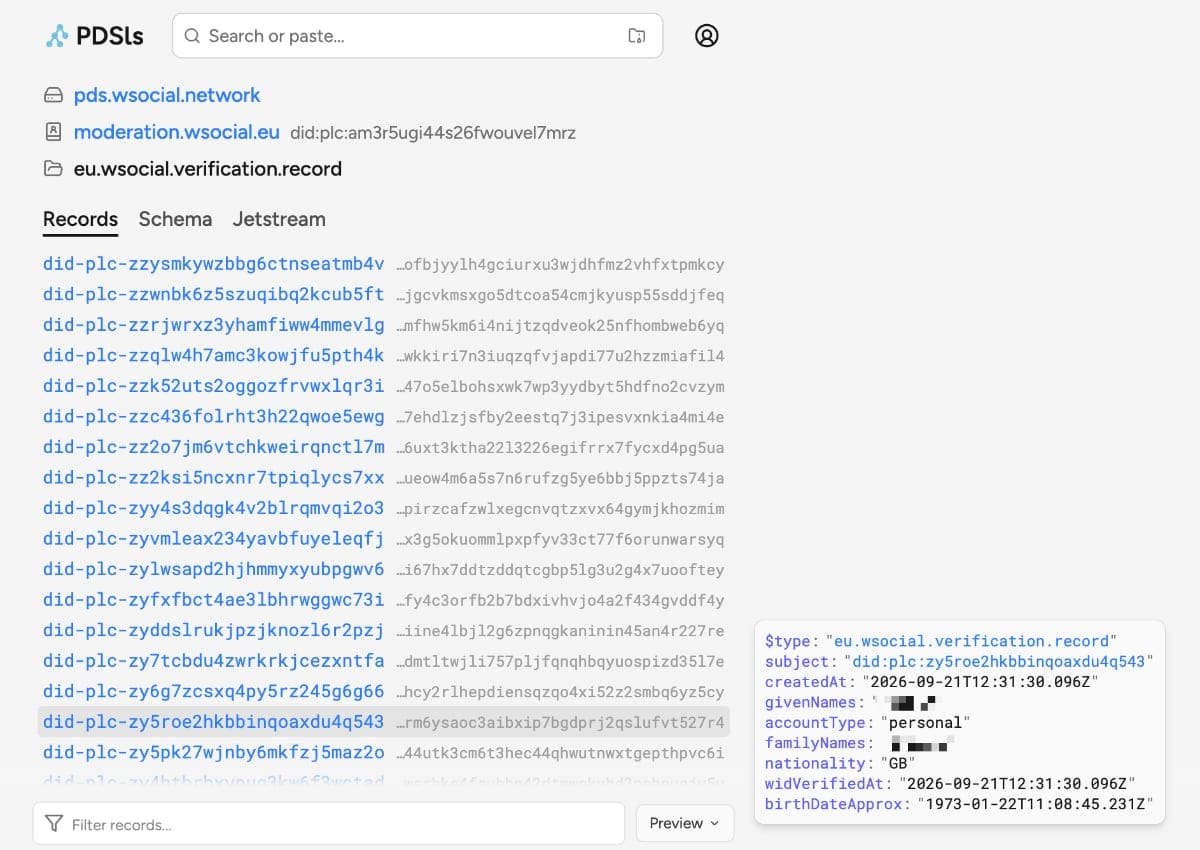 a screenshot showing how W Social verified user data appears in the clear on the website PDSls.dev: you can see a long list of did (decentralized ID) records and when you click on one, you see the first name, last name, nationality and approximate date of birth of the user