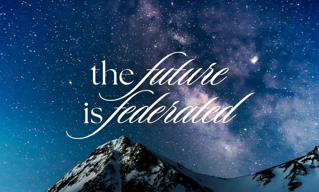 a photo of a mountaintop under a starry night with the title "the future is federated"