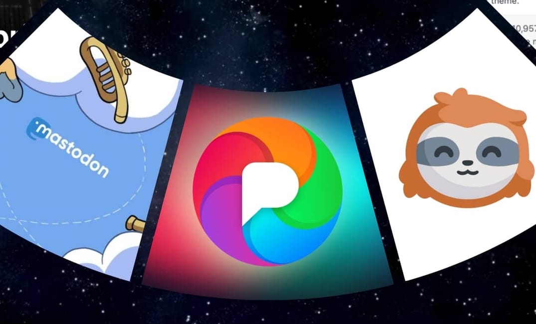 a wheel showing logos of Mastodon, Pixelfed and GoToSocial, set against a photo of space