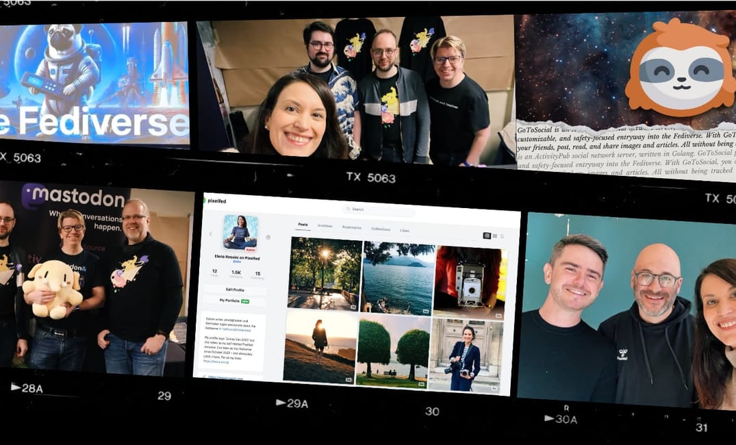 a photo collage using vintage film frames that shows photos from this month (FOSDEM, Pixelfed)